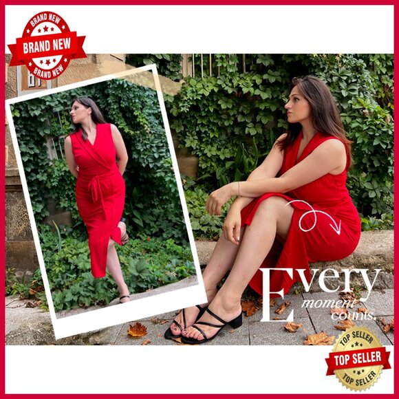 Sleeveless Ruched Bodycon Midi Dress with Belt Professional Office Wear - Picture 7 of 7